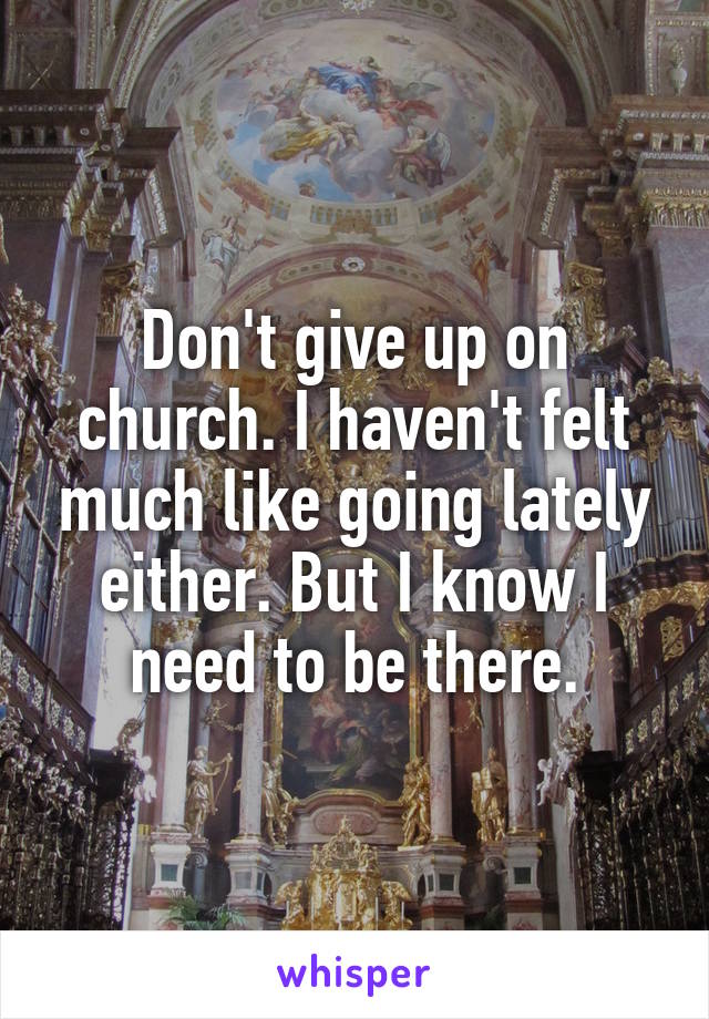 Don't give up on church. I haven't felt much like going lately either. But I know I need to be there.