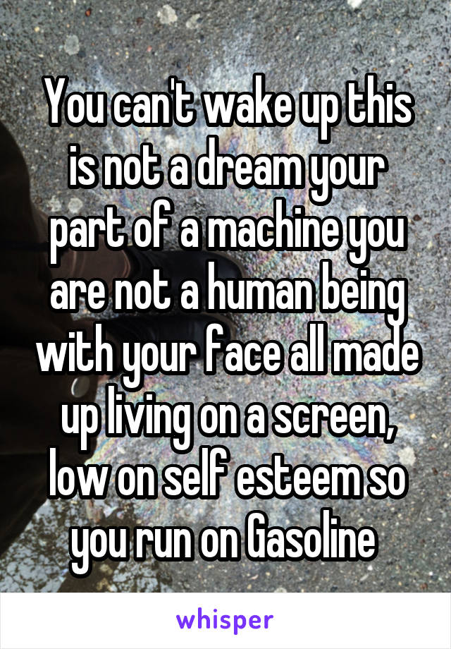 You can't wake up this is not a dream your part of a machine you are not a human being with your face all made up living on a screen, low on self esteem so you run on Gasoline 