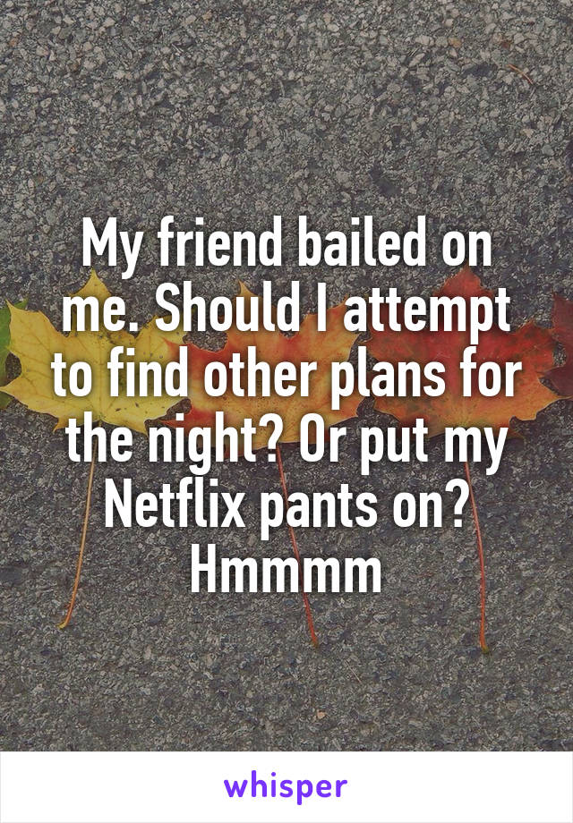 My friend bailed on me. Should I attempt to find other plans for the night? Or put my Netflix pants on? Hmmmm