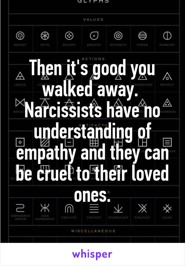 Then it's good you walked away.  Narcissists have no understanding of empathy and they can be cruel to their loved ones.
