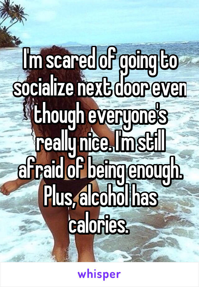 I'm scared of going to socialize next door even though everyone's really nice. I'm still afraid of being enough. Plus, alcohol has calories. 