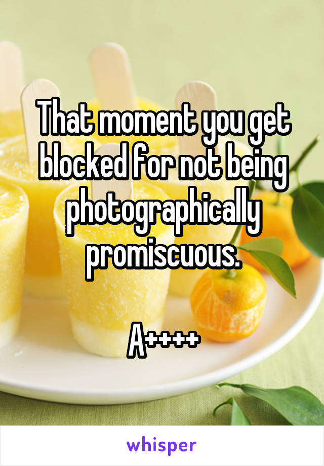 That moment you get blocked for not being photographically promiscuous.

A++++