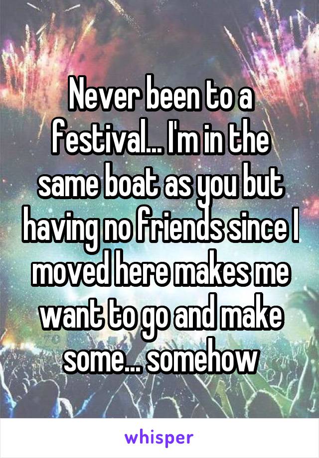 Never been to a festival... I'm in the same boat as you but having no friends since I moved here makes me want to go and make some... somehow