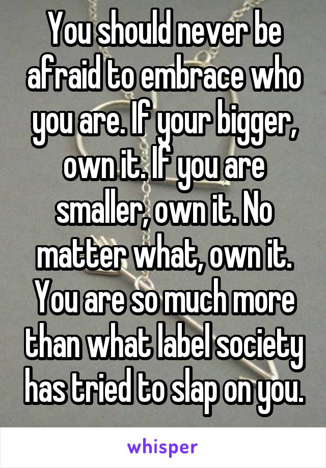 You should never be afraid to embrace who you are. If your bigger, own it. If you are smaller, own it. No matter what, own it. You are so much more than what label society has tried to slap on you. 