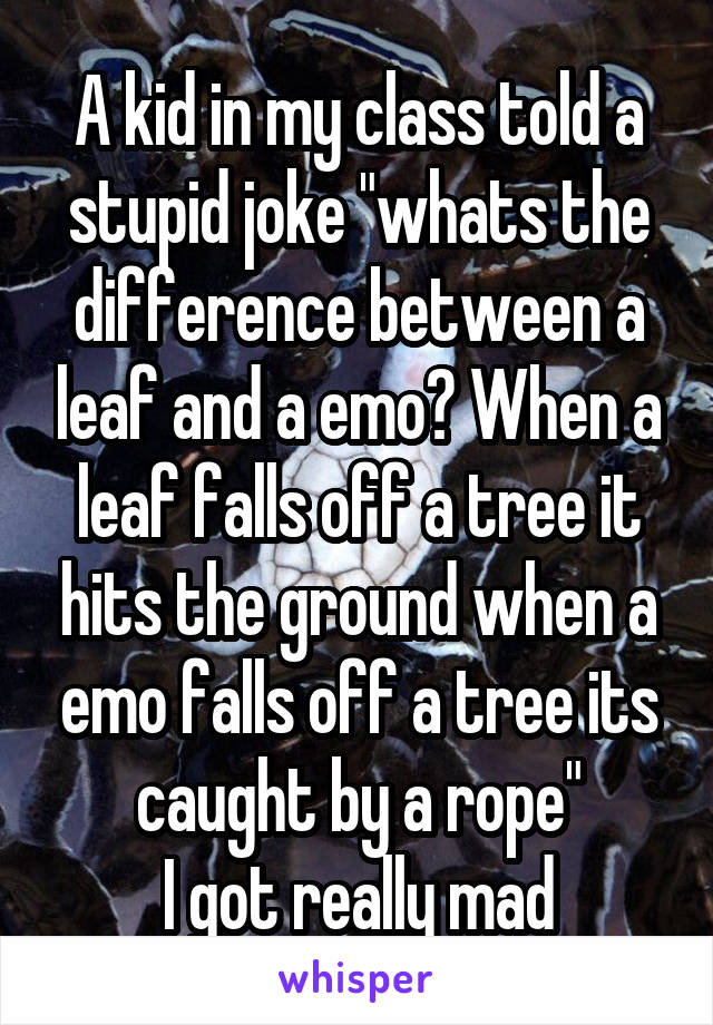 A kid in my class told a stupid joke "whats the difference between a leaf and a emo? When a leaf falls off a tree it hits the ground when a emo falls off a tree its caught by a rope"
I got really mad