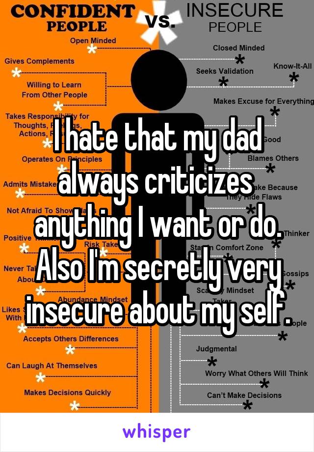 I hate that my dad always criticizes  anything I want or do. Also I'm secretly very insecure about my self.