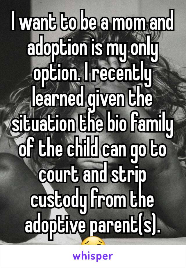 I want to be a mom and adoption is my only option. I recently learned given the situation the bio family of the child can go to court and strip custody from the adoptive parent(s).
😢