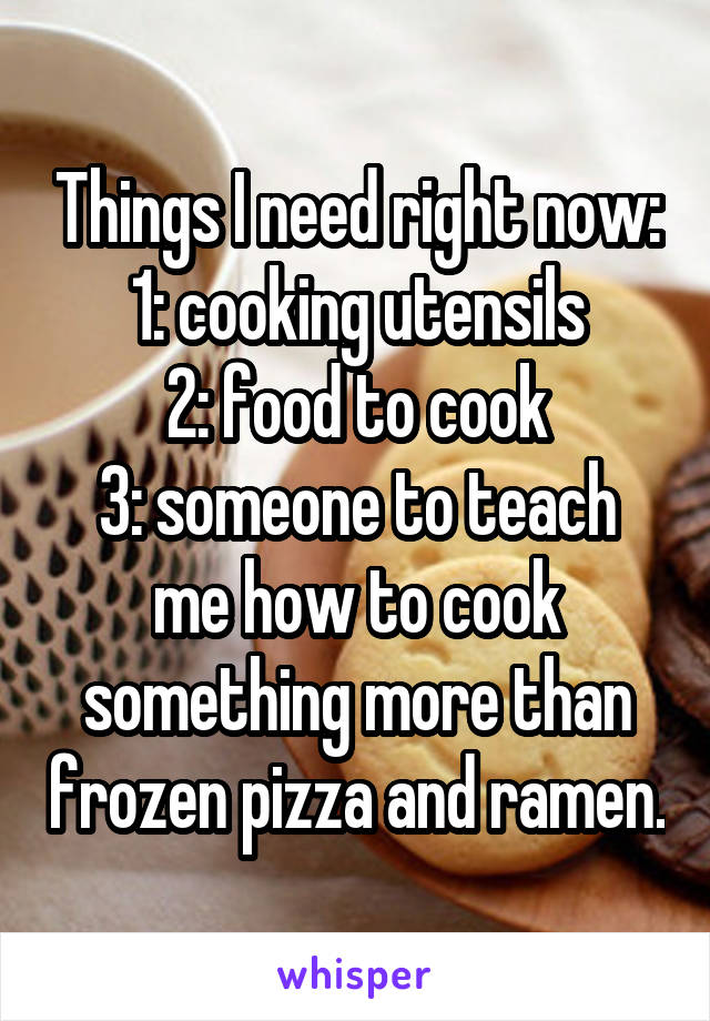 Things I need right now:
1: cooking utensils
2: food to cook
3: someone to teach me how to cook something more than frozen pizza and ramen.