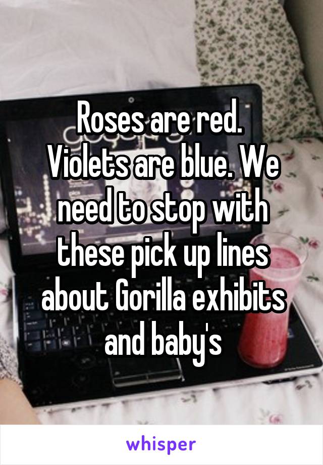 Roses are red. 
Violets are blue. We need to stop with these pick up lines about Gorilla exhibits and baby's