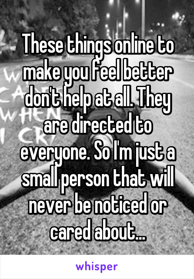 These things online to make you feel better don't help at all. They are directed to everyone. So I'm just a small person that will never be noticed or cared about...