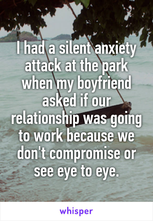 I had a silent anxiety attack at the park when my boyfriend asked if our relationship was going to work because we don't compromise or see eye to eye.