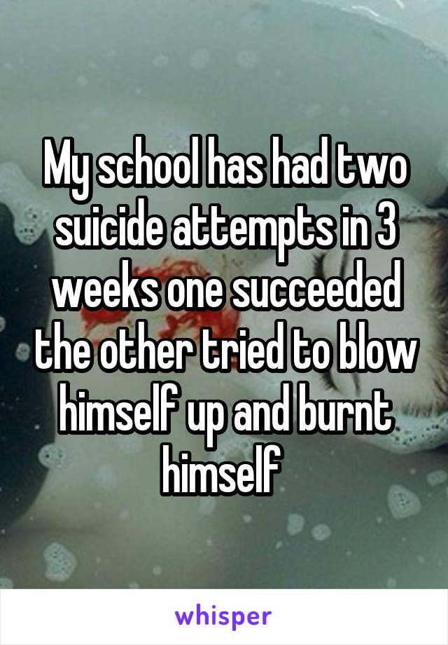 My school has had two suicide attempts in 3 weeks one succeeded the other tried to blow himself up and burnt himself 