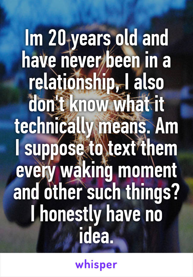 Im 20 years old and have never been in a relationship, I also don't know what it technically means. Am I suppose to text them every waking moment and other such things? I honestly have no idea.