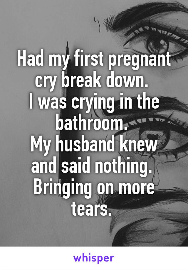 Had my first pregnant cry break down. 
I was crying in the bathroom. 
My husband knew and said nothing. 
Bringing on more tears. 