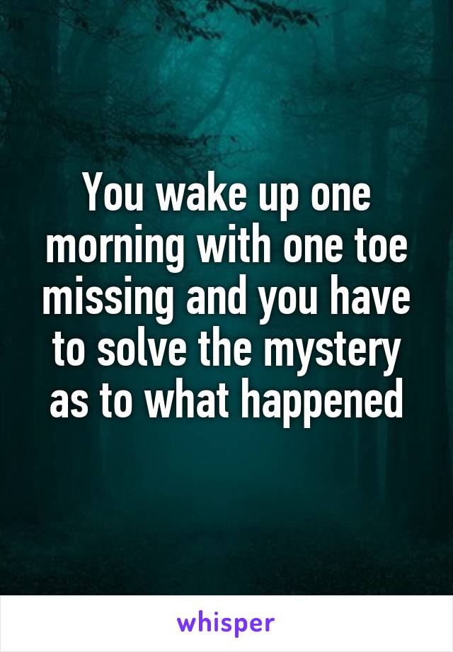 You wake up one morning with one toe missing and you have to solve the mystery as to what happened
