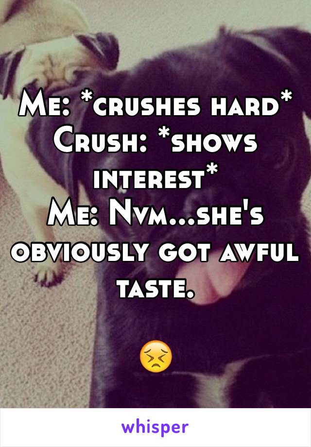 Me: *crushes hard*
Crush: *shows interest*
Me: Nvm...she's obviously got awful taste.

😣