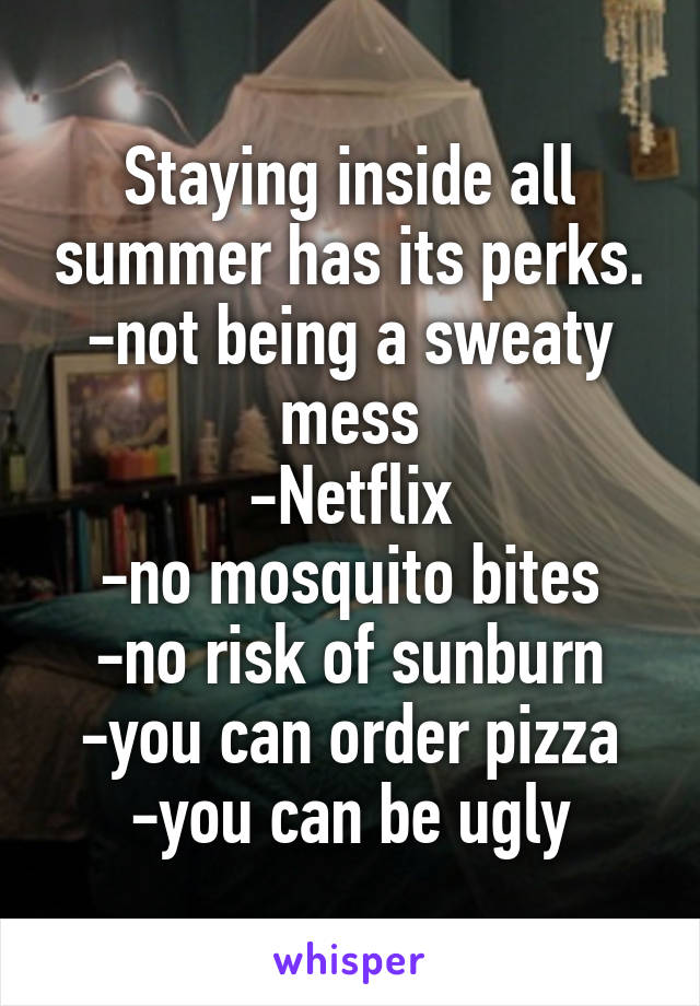 Staying inside all summer has its perks.
-not being a sweaty mess
-Netflix
-no mosquito bites
-no risk of sunburn
-you can order pizza
-you can be ugly