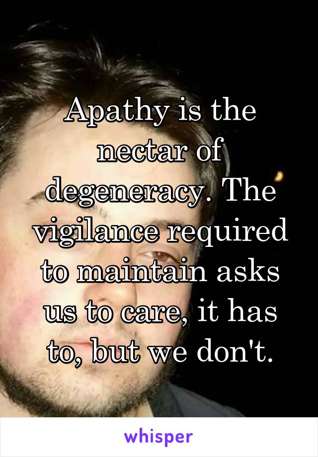 Apathy is the nectar of degeneracy. The vigilance required to maintain asks us to care, it has to, but we don't.