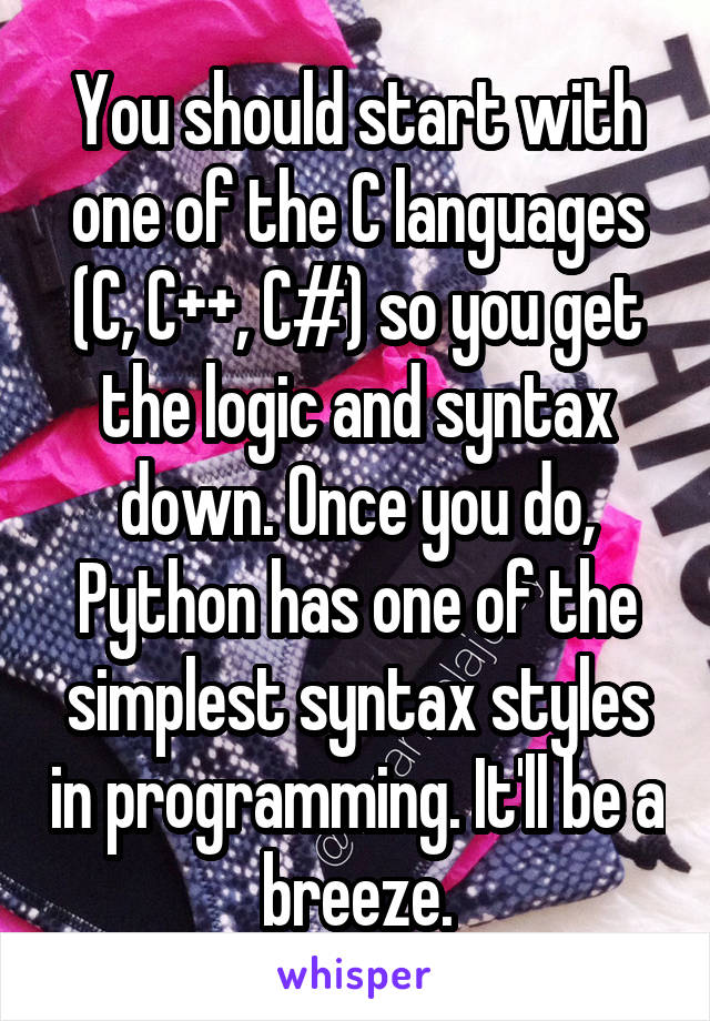 You should start with one of the C languages (C, C++, C#) so you get the logic and syntax down. Once you do, Python has one of the simplest syntax styles in programming. It'll be a breeze.