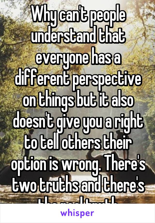 Why can't people understand that everyone has a different perspective on things but it also doesn't give you a right to tell others their option is wrong. There's two truths and there's the real truth