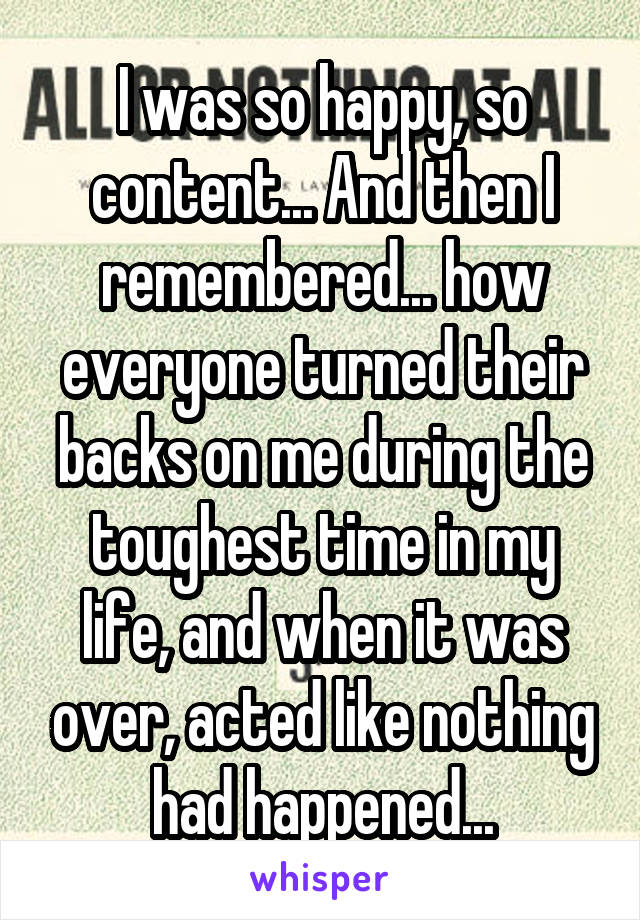 I was so happy, so content... And then I remembered... how everyone turned their backs on me during the toughest time in my life, and when it was over, acted like nothing had happened...