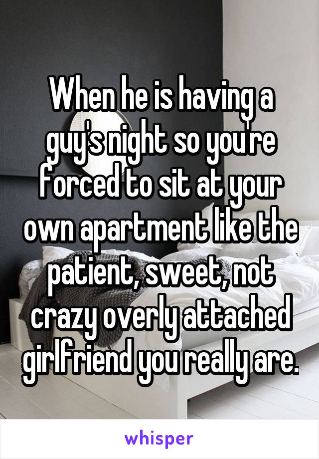 When he is having a guy's night so you're forced to sit at your own apartment like the patient, sweet, not crazy overly attached girlfriend you really are.