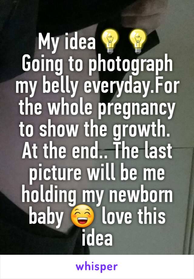 My idea💡💡 
Going to photograph my belly everyday.For the whole pregnancy to show the growth. 
At the end.. The last picture will be me holding my newborn baby 😁 love this idea