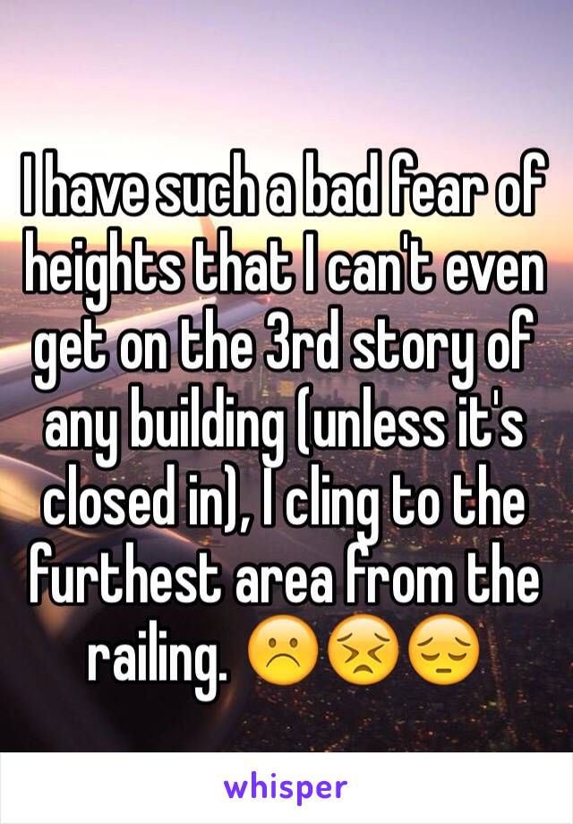 I have such a bad fear of heights that I can't even get on the 3rd story of any building (unless it's closed in), I cling to the furthest area from the railing. ☹️😣😔