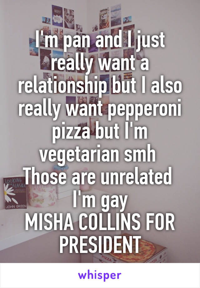 I'm pan and I just really want a relationship but I also really want pepperoni pizza but I'm vegetarian smh 
Those are unrelated 
I'm gay
MISHA COLLINS FOR PRESIDENT