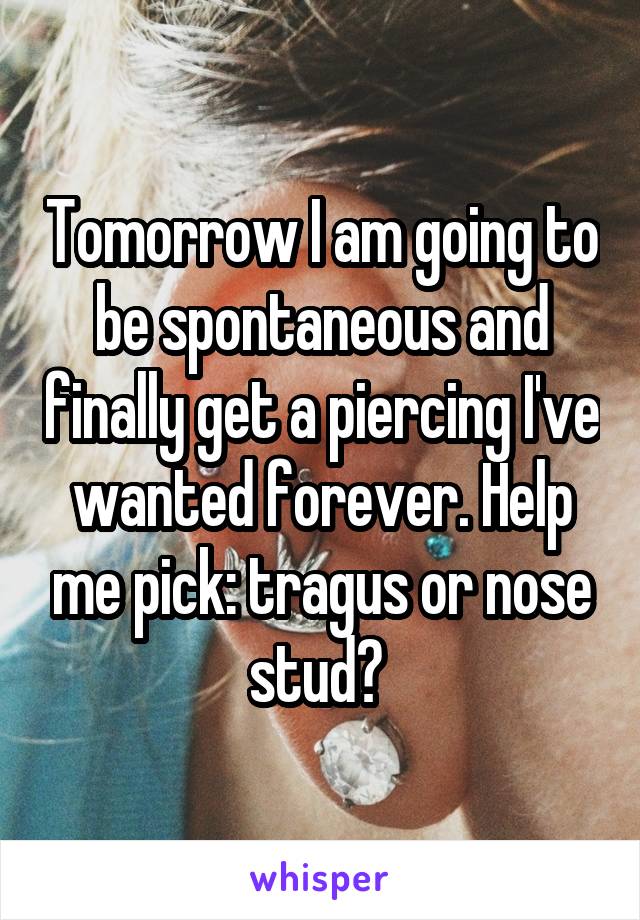 Tomorrow I am going to be spontaneous and finally get a piercing I've wanted forever. Help me pick: tragus or nose stud? 