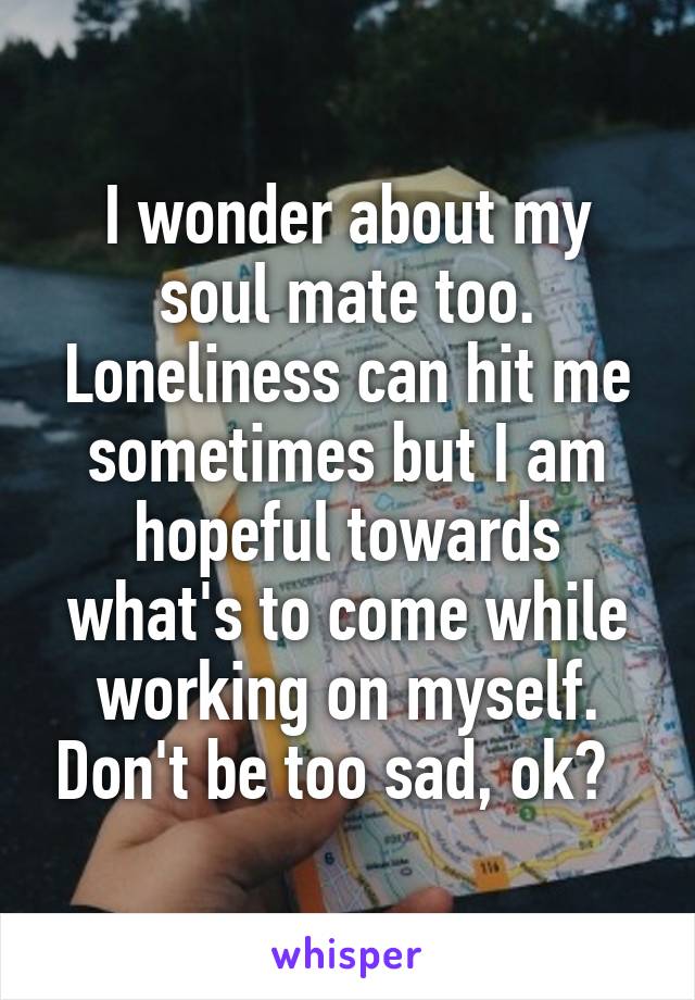 I wonder about my soul mate too. Loneliness can hit me sometimes but I am hopeful towards what's to come while working on myself. Don't be too sad, ok?  