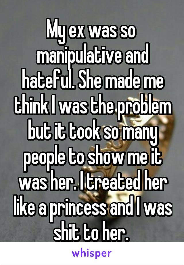 My ex was so  manipulative and hateful. She made me think I was the problem but it took so many people to show me it was her. I treated her like a princess and I was shit to her. 