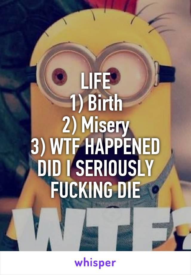 LIFE
1) Birth
2) Misery
3) WTF HAPPENED DID I SERIOUSLY FUCKING DIE