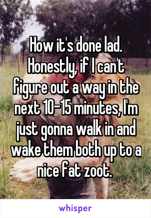 How it's done lad. Honestly, if I can't figure out a way in the next 10-15 minutes, I'm just gonna walk in and wake them both up to a nice fat zoot. 