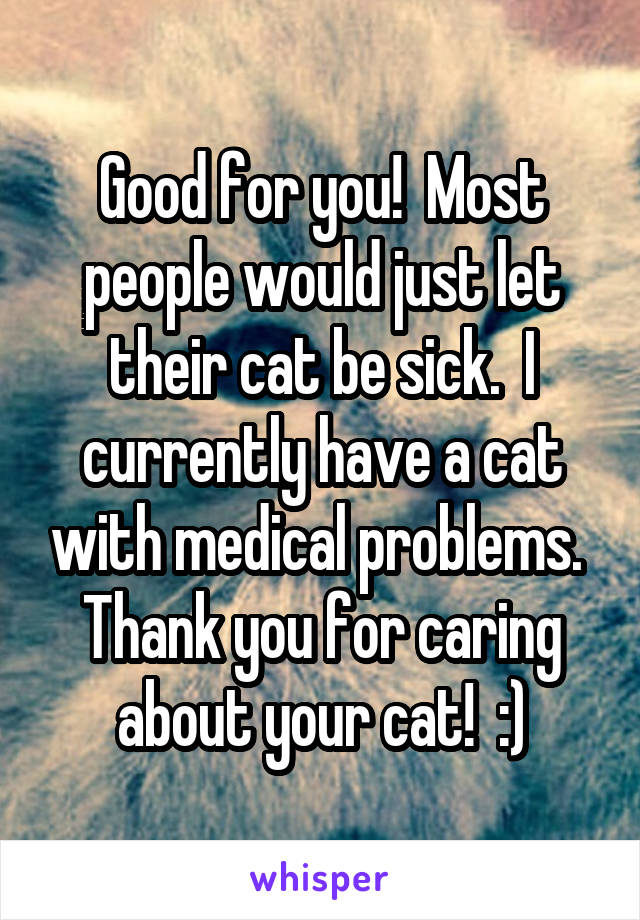 Good for you!  Most people would just let their cat be sick.  I currently have a cat with medical problems.  Thank you for caring about your cat!  :)