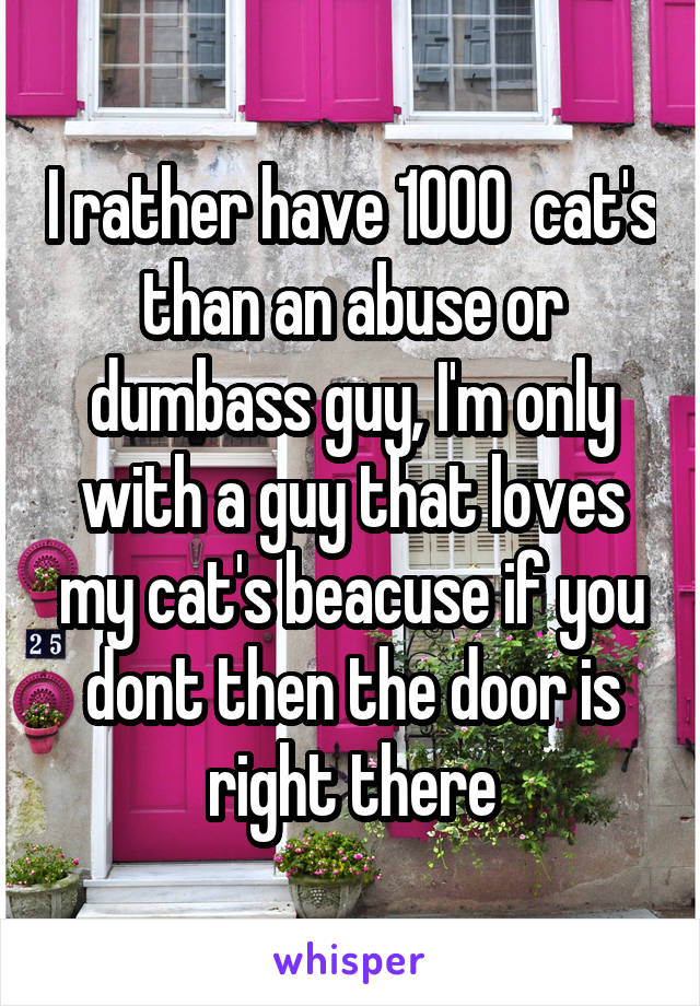 I rather have 1000  cat's than an abuse or dumbass guy, I'm only with a guy that loves my cat's beacuse if you dont then the door is right there