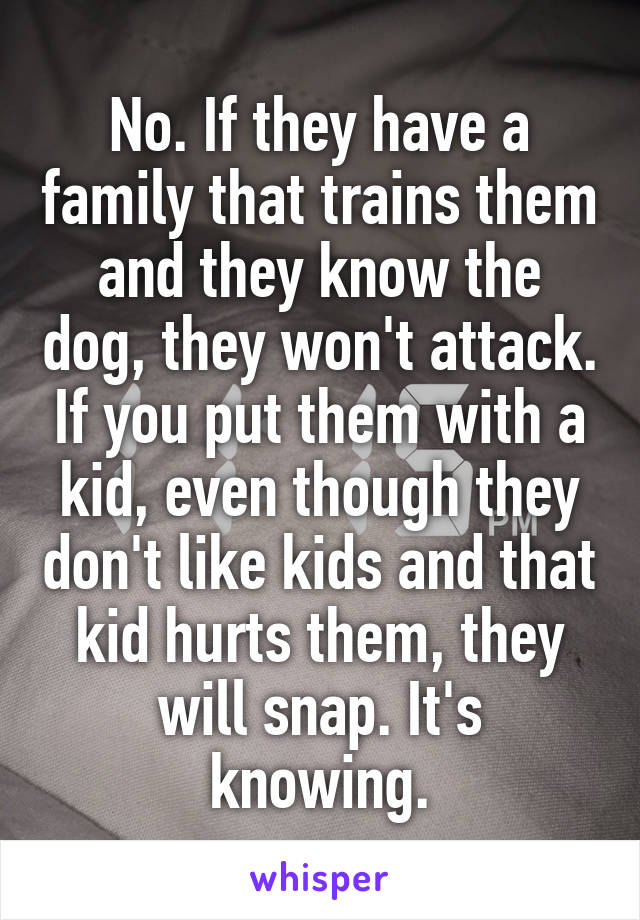 No. If they have a family that trains them and they know the dog, they won't attack. If you put them with a kid, even though they don't like kids and that kid hurts them, they will snap. It's knowing.