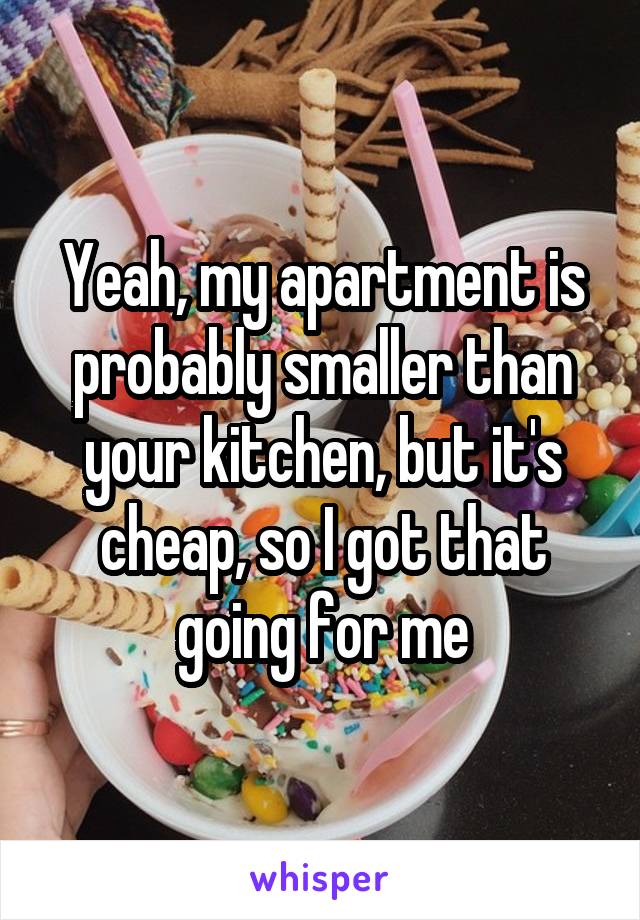 Yeah, my apartment is probably smaller than your kitchen, but it's cheap, so I got that going for me