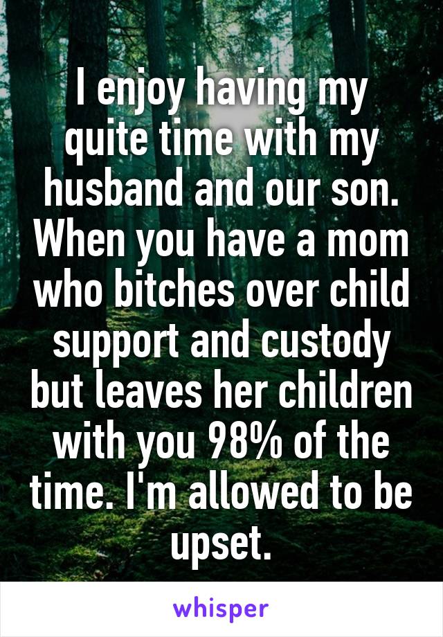 I enjoy having my quite time with my husband and our son. When you have a mom who bitches over child support and custody but leaves her children with you 98% of the time. I'm allowed to be upset.