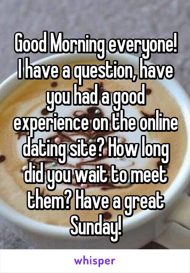 Good Morning everyone! I have a question, have you had a good experience on the online dating site? How long did you wait to meet them? Have a great Sunday!