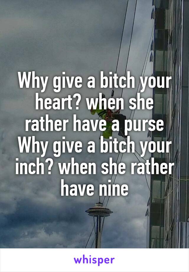 Why give a bitch your heart? when she rather have a purse
Why give a bitch your inch? when she rather have nine
