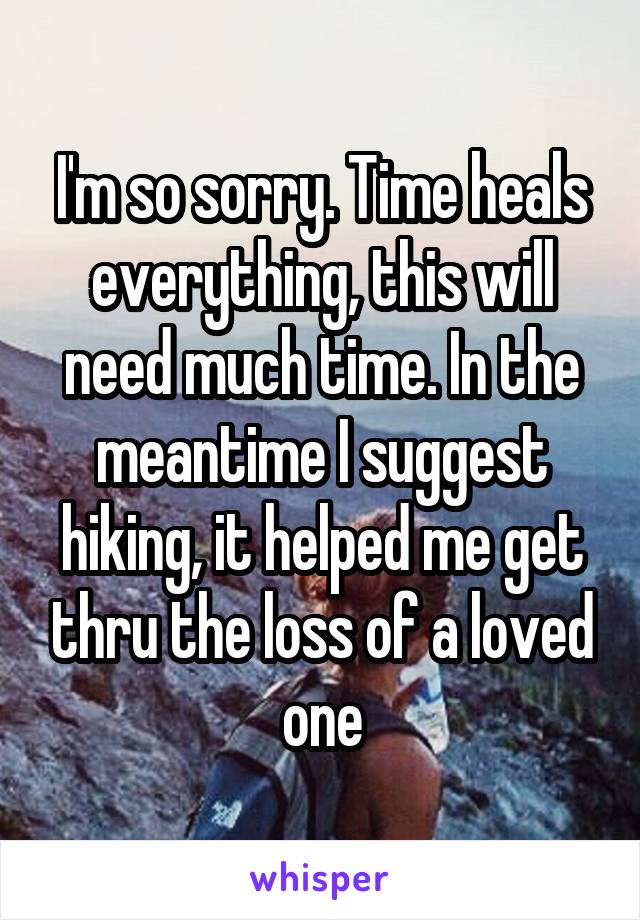 I'm so sorry. Time heals everything, this will need much time. In the meantime I suggest hiking, it helped me get thru the loss of a loved one