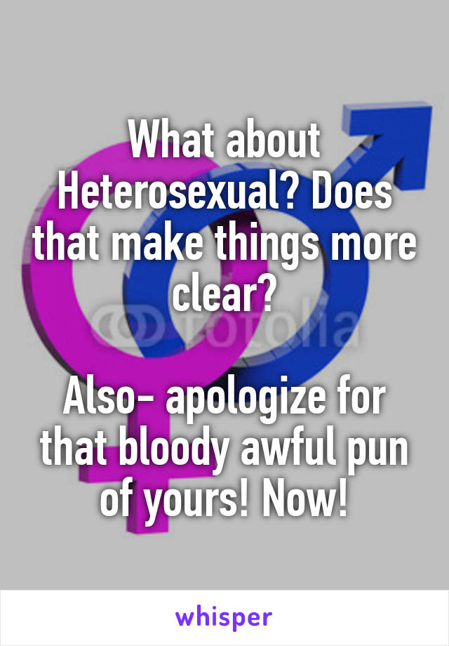 What about Heterosexual? Does that make things more clear?

Also- apologize for that bloody awful pun of yours! Now!