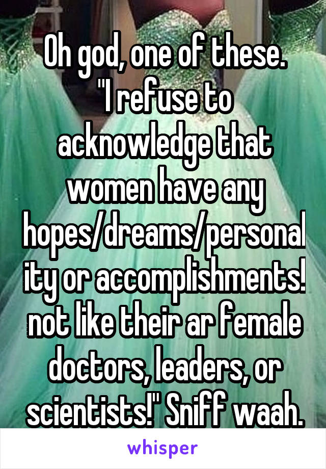 Oh god, one of these.
"I refuse to acknowledge that women have any hopes/dreams/personality or accomplishments! not like their ar female doctors, leaders, or scientists!" Sniff waah.