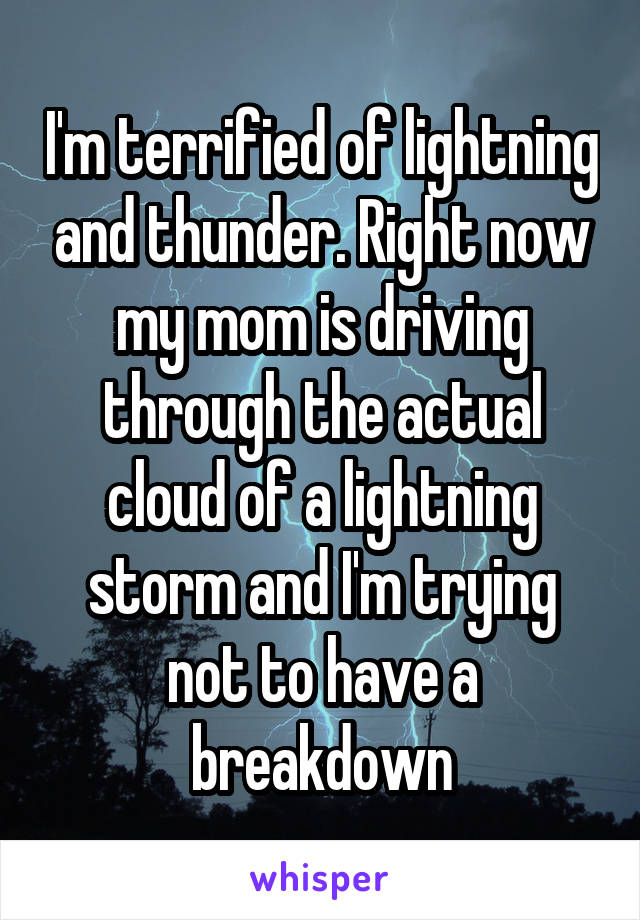 I'm terrified of lightning and thunder. Right now my mom is driving through the actual cloud of a lightning storm and I'm trying not to have a breakdown