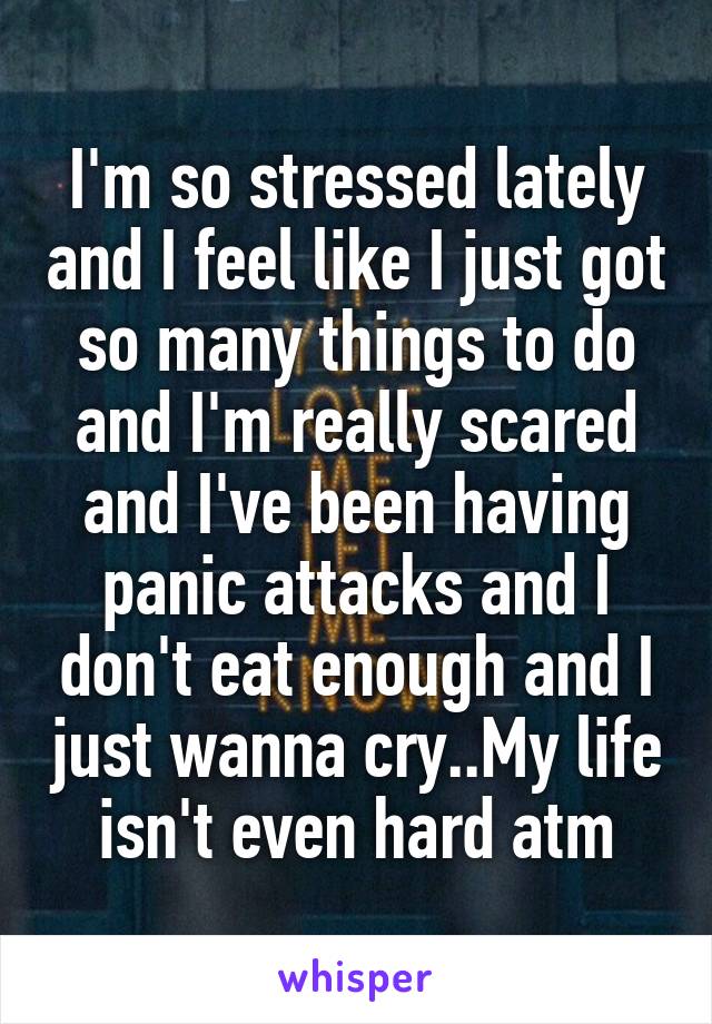 I'm so stressed lately and I feel like I just got so many things to do and I'm really scared and I've been having panic attacks and I don't eat enough and I just wanna cry..My life isn't even hard atm