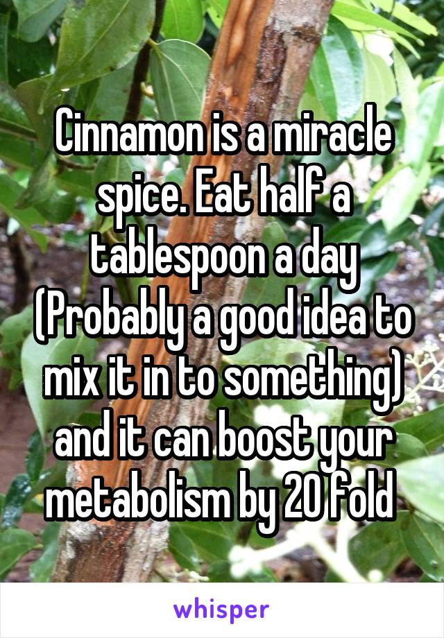 Cinnamon is a miracle spice. Eat half a tablespoon a day (Probably a good idea to mix it in to something) and it can boost your metabolism by 20 fold 