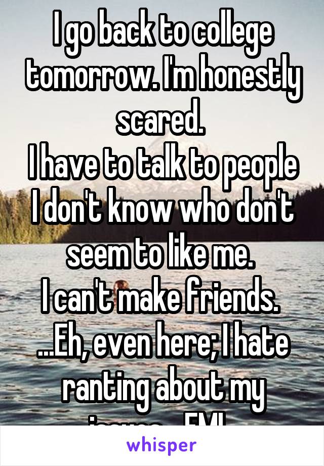 I go back to college tomorrow. I'm honestly scared. 
I have to talk to people I don't know who don't seem to like me. 
I can't make friends. 
...Eh, even here; I hate ranting about my issues... FML.