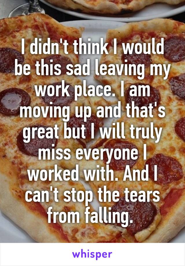 I didn't think I would be this sad leaving my work place. I am moving up and that's great but I will truly miss everyone I worked with. And I can't stop the tears from falling. 