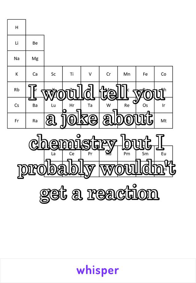 I would tell you 
a joke about
chemistry but I 
probably wouldn't 
get a reaction